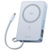 Szary powerbank z napisem "UGREEN" na przodzie, posiada okrągły wzór z tekstem "DESIGNED BY UGREEN" oraz "MORE FOR YOU", a także wyświetlacz pokazujący poziom naładowania. Obok znajduje się pleciony kabel z końcówką USB-C i napisem "UGREEN".