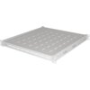 Szara półka LANBERG AK-1021-S 19" 1U z otworami wentylacyjnymi na powierzchni, przeznaczona do montażu w szafach rackowych. Produkt ma prostokątny kształt z perforacjami na bokach i przedniej krawędzi.