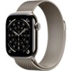 Na zdjęciu widoczny jest smartwatch z okrągłą tarczą, na której znajdują się cyfry i wskazówki, oraz metalową bransoletą o plecionym wzorze. Koperta zegarka ma metaliczne wykończenie, a na ekranie widoczne są różne oznaczenia godzinowe i cyfry.