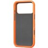 Pomarańczowe etui na telefon z dużym wycięciem na aparat i okrągłym wzorem na wewnętrznej stronie. Etui posiada czarne przyciski boczne i teksturowane wykończenie na krawędzi.