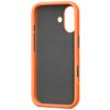Pomarańczowe etui na telefon z czarnym wnętrzem, posiada wycięcia na aparat i przyciski oraz okrągły wzór na środku. Produkt przeznaczony jest do iPhone 17 i wspiera funkcję MagSafe.