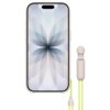 Etui na telefon w kolorze jasnym z widocznym wzorem przypominającym kwiat na ekranie, obok znajduje się jasny uchwyt z neonowym sznurkiem. Produkt opisany jako "Etui APPLE Beats Kickstand MagSafe Camera Control do Apple iPhone 17 Kamień wapienny".