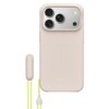Beżowe etui na telefon z trzema widocznymi obiektywami aparatu i napisem "beats" na dole. Obok etui znajduje się podłużny element z neonowym sznurkiem.