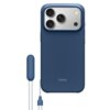 Niebieskie etui na telefon z trzema widocznymi obiektywami aparatu i napisem "beats" na dole. Obok etui znajduje się niebieski uchwyt z przewodem.