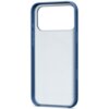 Niebieskie etui na telefon z dużym wycięciem na aparat i okrągłym wzorem na tylnej części, przeznaczone do iPhone 17 Pro Max. Na bocznej krawędzi widoczne są przyciski.