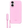 Różowe etui na telefon z dwoma otworami na aparaty i napisem "beats" na dole. Obok etui znajduje się różowy uchwyt z przymocowanym sznurkiem.