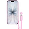 Różowe etui na telefon z funkcją Kickstand MagSafe i kontrolą aparatu, przeznaczone dla Apple iPhone 17, z widocznym abstrakcyjnym wzorem na ekranie. Obok etui znajduje się różowy uchwyt z przyciskiem na sznurku.