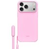 Różowe etui na telefon z trzema wycięciami na aparaty i napisem "beats" na dole. Obok etui znajduje się różowy uchwyt z przymocowanym sznurkiem.