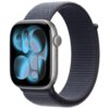 Smartwatch z granatowym paskiem, wyświetlający abstrakcyjny wzór z niebieskimi elementami na ekranie. Obudowa zegarka jest metaliczna, a pasek wykonany z materiału o teksturowanej powierzchni.