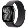 Ciemnoszary pasek do zegarka Apple Watch, wykonany z teksturowanego materiału, jest przymocowany do koperty zegarka. Na ekranie zegarka widoczne są abstrakcyjne, czarno-szare wzory.