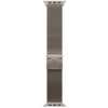 Bransoleta mediolańska do zegarka, wykonana z tytanu w naturalnym kolorze, posiada drobną, plecioną strukturę i metalowe zapięcie. Produkt przeznaczony jest do Apple Watch o rozmiarach 44/45/46/49 mm.