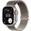 Na zdjęciu widoczny jest smartwatch z metalową bransoletą o plecionym wzorze, z wyświetlaczem pokazującym godzinę 10:09 oraz napis "PARKED CAR 1.3MI • 1M AGO". Na zapięciu bransolety znajduje się napis "49MM TITANIUM GRADE 5".