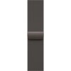 Bransoleta mediolańska do zegarka, wykonana z drobnej, plecionej siatki metalowej w kolorze łupkowym, z widocznym zapięciem. Produkt przeznaczony do Apple Watch o rozmiarach 44/45/46/49mm, w rozmiarze M/L.