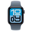 Smartwatch z granatowym paskiem, na ekranie wyświetla się duża, stylizowana godzina "10:09" w kolorach niebieskim i białym. Obudowa zegarka jest ciemna, a pasek ma gładką fakturę.