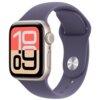 Smartwatch z prostokątnym wyświetlaczem, na którym widoczna jest duża, kolorowa tarcza z cyframi "10:09". Pasek zegarka jest w kolorze mlecznego fioletu, z metalowym zapięciem.