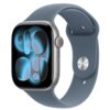 Smartwatch z granatowym paskiem, wyświetlający abstrakcyjny wzór z niebieskimi i czarnymi elementami na ekranie. Obudowa zegarka jest metaliczna, a pasek ma zapięcie z metalowym elementem.