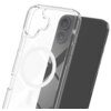 Przezroczyste etui na telefon z okrągłym wzorem na środku, obok czarnego smartfona z widocznymi dwoma obiektywami aparatu. Na etui znajduje się wycięcie na aparat oraz przyciski boczne.