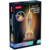 Pudełko z puzzlami 3D przedstawia oświetlony model Empire State Building z napisem "New York Empire State Building Night Edition" oraz "Includes color LED". Na dole widnieje informacja "37 Pieces" oraz ostrzeżenie o ryzyku zadławienia dla dzieci poniżej 3