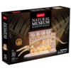 Opakowanie puzzli 3D przedstawia model szkieletu płetwala błękitnego w muzeum, z podświetleniem LED. Na opakowaniu widnieje tekst: "CubicFun", "NATURAL MUSEUM", "Balaenoptera Musculus", "LED INSIDE", "10+", "3D PUZZLE", "222 Pieces", oraz ostrzeżenie: "WA