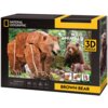 Pudełko puzzli 3D przedstawia model niedźwiedzia brunatnego z serii "Wild Animals" od National Geographic, z napisem "3D Puzzle" oraz zdjęciem niedźwiedzia w tle. Na opakowaniu znajdują się informacje: "88 Pieces", "No Tools", "No Gluing", "Ages 8+", oraz