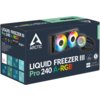 Opakowanie produktu "Chłodzenie wodne ARCTIC Liquid Freezer III Pro 240 ARGB Czarny" z widocznym logo ARCTIC, kolorowymi wentylatorami i tekstem: "LIQUID FREEZER III Pro 240 A-RGB". Na opakowaniu znajdują się także informacje o kompatybilności z procesora