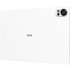 Biały tablet z logo "HUAWEI" na środku tylnej obudowy, z widocznym aparatem w rogu. Obok aparatu znajdują się dwa mniejsze elementy, prawdopodobnie lampy błyskowe lub czujniki.