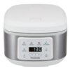 Biało-srebrny ryżowar z wyświetlaczem cyfrowym pokazującym czas 1:30, poniżej przyciski z funkcjami: White Rice, Brown Rice, Congee/Soup, Quick Cook/Steam, Keep Warm, Timer, Start, Off/Cancel oraz logo Panasonic.