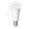 Biała żarówka LED z napisem "hue white 1600" ma wymiary 130 mm wysokości i 67 mm średnicy. Widoczna jest metalowa oprawka E27.