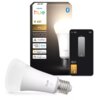 Na zdjęciu widoczna jest inteligentna żarówka LED oraz jej opakowanie z napisem "PHILIPS hue E27 White 1600". Na opakowaniu znajdują się również logotypy: Bluetooth, matter, works with Alexa, works with Apple Home, works with Google Home.