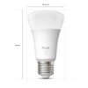 Na zdjęciu znajduje się biała żarówka LED z napisem "hue white 1100" na obudowie. Wymiary żarówki to 110 mm wysokości i 60 mm średnicy.
