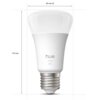 Na zdjęciu znajduje się biała żarówka LED z napisem "hue white 810" na jej powierzchni. Wymiary żarówki to 60 mm średnicy i 110 mm wysokości.