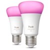 Dwie inteligentne żarówki LED z widocznym napisem "hue white and color 810" oraz różowym światłem na górze. Żarówki mają srebrne gwinty i białe obudowy.