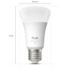 Na zdjęciu znajduje się biała żarówka LED z napisem "hue white and color 810" na jej powierzchni. Wymiary żarówki to 60 mm średnicy i 110 mm wysokości.