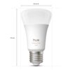 Na zdjęciu znajduje się biała żarówka LED z napisem "hue white and color 1100" na obudowie. Wymiary żarówki to 60 mm średnicy i 110 mm wysokości.