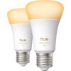 Dwie inteligentne żarówki LED z serii Philips Hue White Ambiance o mocy 1100 lumenów, z widocznym napisem "hue white ambiance 1100" na białej obudowie. Żarówki mają standardowy gwint E27 i emitują ciepłe, żółtawe światło.