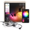 Na zdjęciu znajduje się opakowanie girlandy ogrodowej Philips Hue Festavia 7 m z modułem przedłużającym, z widocznymi kolorowymi żarówkami oraz aplikacją do zmiany kolorów. Na opakowaniu widnieją napisy: "Philips hue", "Outdoor", "Low-volt Plug & Play sys