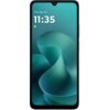 Smartfon z wyświetlaczem o abstrakcyjnym, zielonym tle, na którym widoczna jest data "Thu, Apr 23" oraz godzina "11:35" z ikoną chmurki. Obudowa urządzenia jest w kolorze niebieskim.