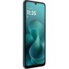 Smartfon w kolorze niebieskim z wyświetlaczem pokazującym datę "Thu, Apr 23" i godzinę "11:35". Na ekranie widoczna jest abstrakcyjna grafika w odcieniach zieleni.