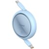 Na zdjęciu znajduje się niebieski, zwijany kabel USB-C do USB-C o mocy 100W i długości 1,5 metra. Na obudowie widoczny jest napis "baseus" oraz "100W Retractable Charging Cable".