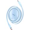 Na zdjęciu znajduje się błękitny kabel USB-C do USB-C z okrągłym etui, na którym widnieje napis "baseus" oraz "100W Retractable Charging Cable". Kabel ma długość 1,5 metra i jest przeznaczony do ładowania o mocy 100W.