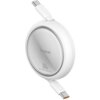 Biały, zwijany kabel USB-C do USB-C o mocy 100W, z widocznym logo "baseus" na okrągłej obudowie. Na obudowie znajduje się również napis "100W Retractable Charging Cable".