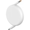 Na zdjęciu znajduje się biały, okrągły zwijacz z dwoma kablami USB-C wystającymi z jego boków. Produkt jest opisany jako "Kabel USB-C - USB-C BASEUS Free2Pull Mini 100W 1.5 m Biały".