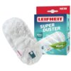 Na zdjęciu znajduje się biały wkład do miotełki z etykietą "LEIFHEIT" oraz opakowanie z napisem "LEIFHEIT SUPER DUSTER REFILL PACK". Na opakowaniu widnieje również napis "Wash don't trash" oraz oznaczenie "NEW".