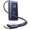 Czarny powerbank z wyświetlaczem pokazującym "100%" oraz logo "baseus" na obudowie. Do urządzenia podłączony jest kabel z końcówką USB-C.