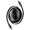 Czarny kabel USB-C do USB-C o długości 1,5 m z logo "baseus" oraz oznaczeniem "100W" na okrągłej obudowie. Produkt ma elegancki, nowoczesny design z metalicznymi akcentami.