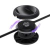 Na zdjęciu widoczny jest czarny kabel USB-C - USB-C z mechanizmem zwijania, przedstawiony w formie eksplodowanego widoku, z fioletowymi strzałkami wskazującymi kierunek zwijania. Na górnej części mechanizmu znajduje się logo "baseus".