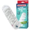 Na zdjęciu znajduje się biały, puszysty wkład do miotełki oraz opakowanie z napisem "LEIFHEIT SUPER DUSTER XL" i "REFILL PACK". Na opakowaniu widnieje również napis "Wash don't trash" oraz oznaczenie "NEW".