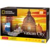 Opakowanie puzzli 3D przedstawia Bazylikę św. Piotra na tle zachodzącego słońca, z widocznym napisem "Vatican City" oraz logo National Geographic. Na dole opakowania znajduje się ostrzeżenie: "WARNING: CHOKING HAZARD - Small parts. Not for children under 