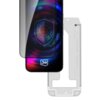 Na zdjęciu znajduje się szkło ochronne z efektem prywatyzującym, przeznaczone do telefonu Samsung Galaxy A26 5G, z widocznym logo "3mk" na dole. W tle widać kolorowy wzór z motywem tarczy i oka.