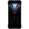 Smartfon z wyświetlaczem przedstawiającym futurystyczną grafikę w ciemnych odcieniach z czerwonymi akcentami, przypominającą pancerz lub maskę robota. Obudowa urządzenia jest solidna, z widocznymi wzmocnieniami na rogach.